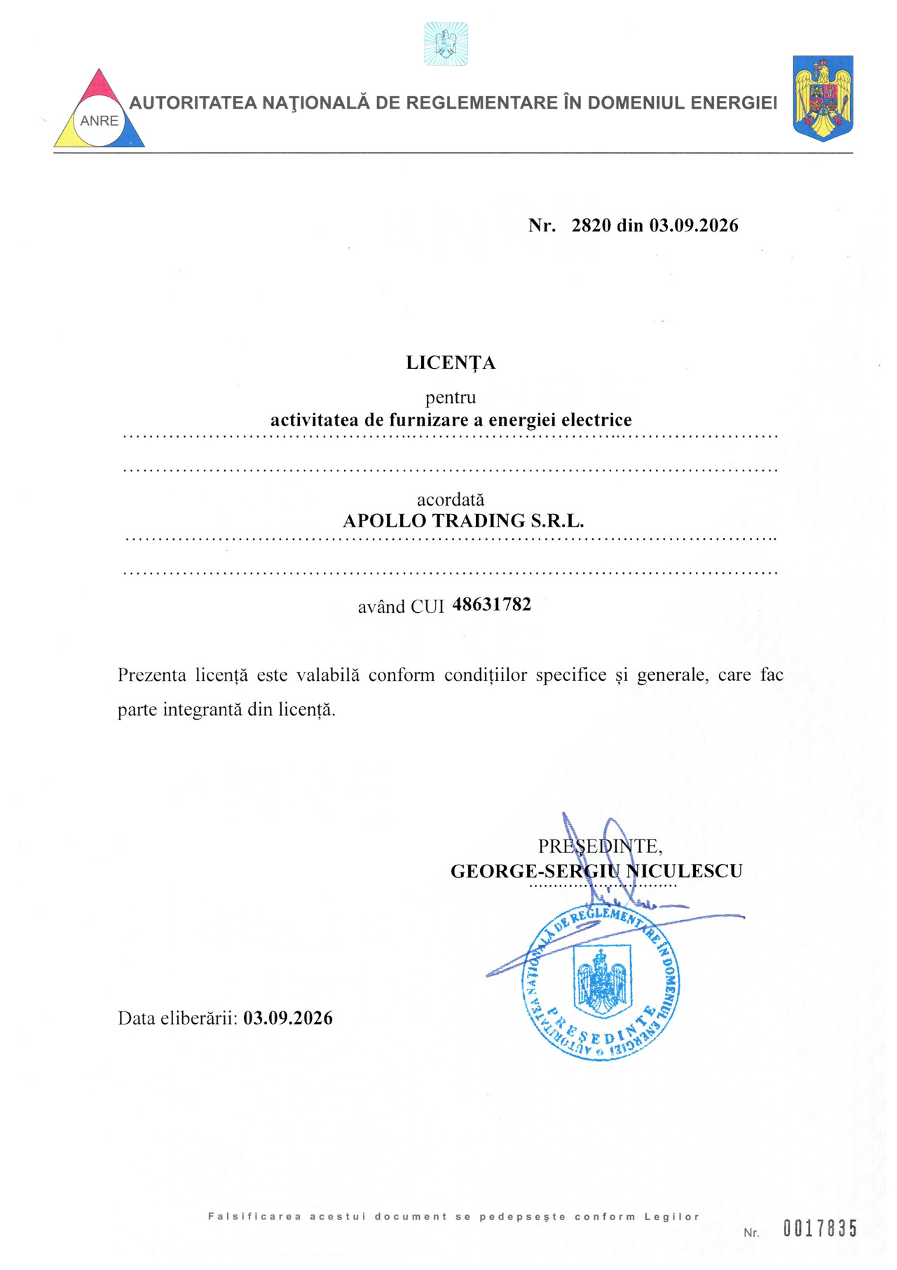 LICENTA-ANRE-NR.-2820_03.09-pentru activitatea de furnizarea a energiei electrice acordata Apollo Trading SRL